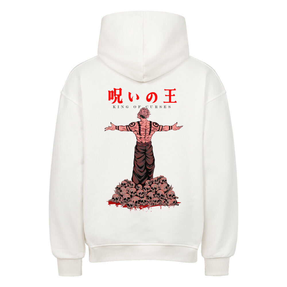 Weißer Oversized Hoodie mit düsterem Cursed King Motiv.