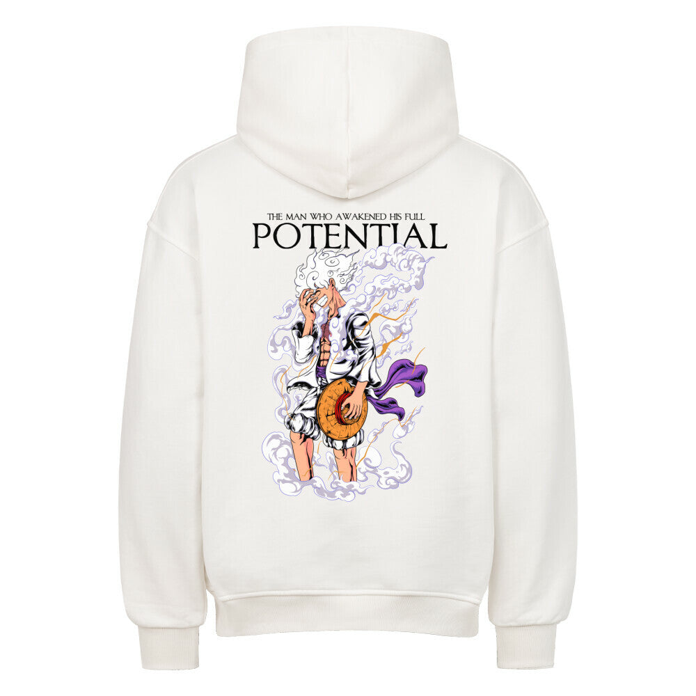 Weißer Oversized Hoodie mit energetischem Aufbruch-Motiv.