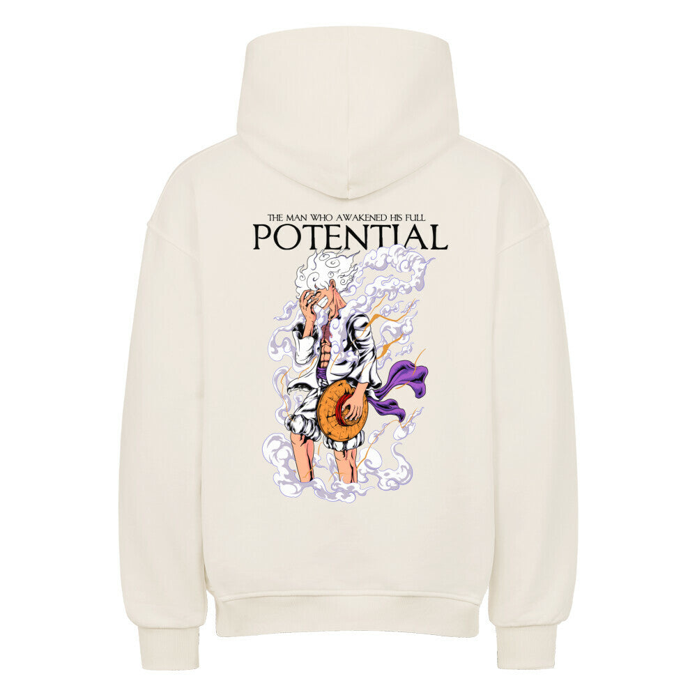 Natural Raw Oversized Hoodie mit energetischem Aufbruch-Motiv.
