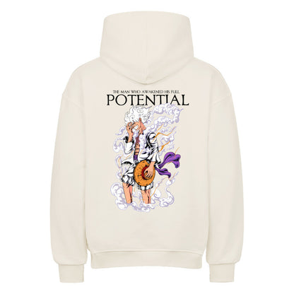 Natural Raw Oversized Hoodie mit energetischem Aufbruch-Motiv.