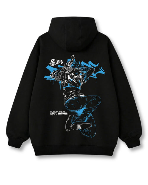 True Justice oversized hoodie in black with anime graphic print