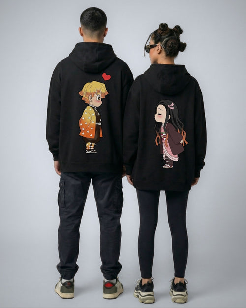 Thunder matching couple hoodies in black worn by a couple