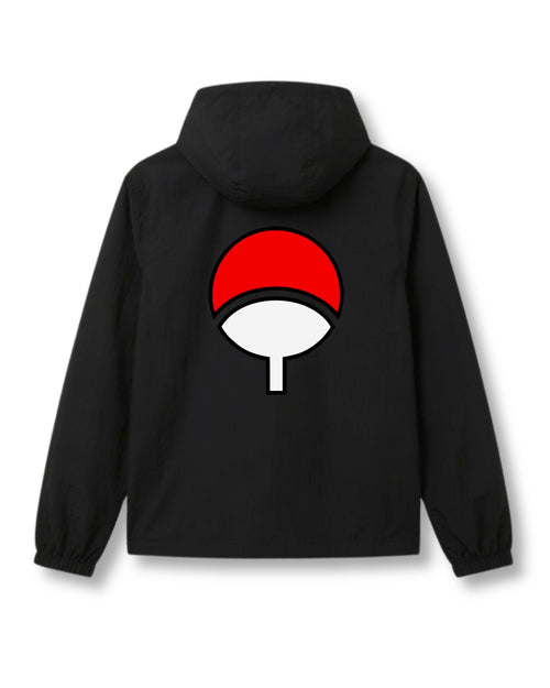 Uchiha windbreaker jacket in black with anime graphic print
