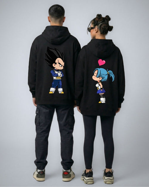 Saiyan V2 matching couple hoodies in black worn by a couple