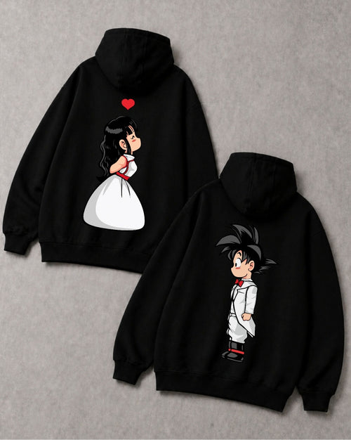 Saiyan Wedding matching couple hoodies in black worn by a couple