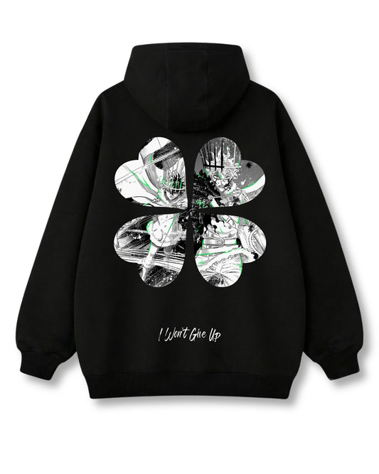 Four-Leaf Grimoire oversized hoodie in black with anime graphic print