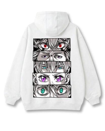 Black Bulls Eyes oversized hoodie in white with anime graphic print