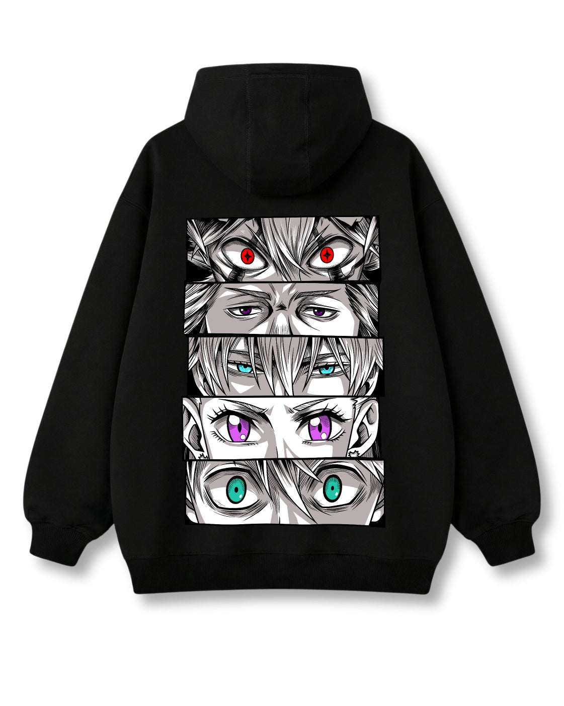 Black Bulls Eyes oversized hoodie in black with anime graphic print