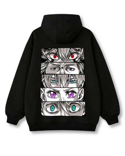 Black Bulls Eyes oversized hoodie in black with anime graphic print