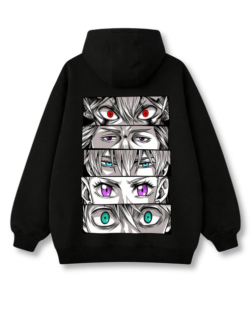 Black Bulls Eyes oversized hoodie in black with anime graphic print