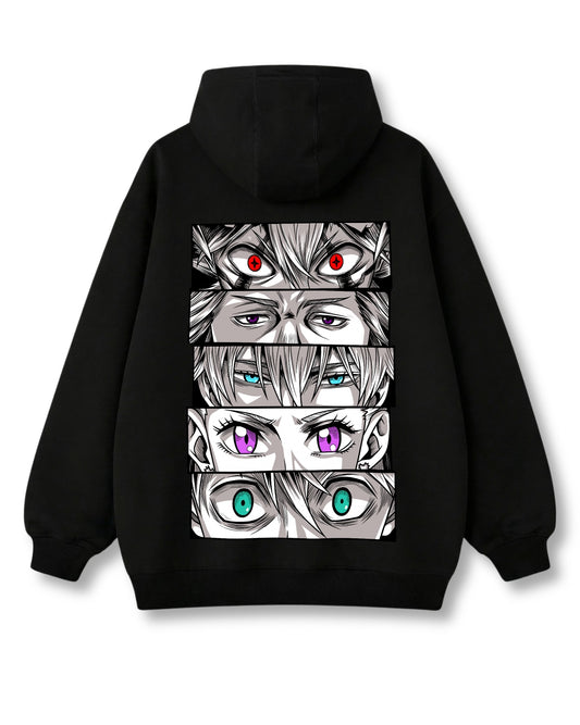 Black Bulls Eyes oversized hoodie in black with anime graphic print