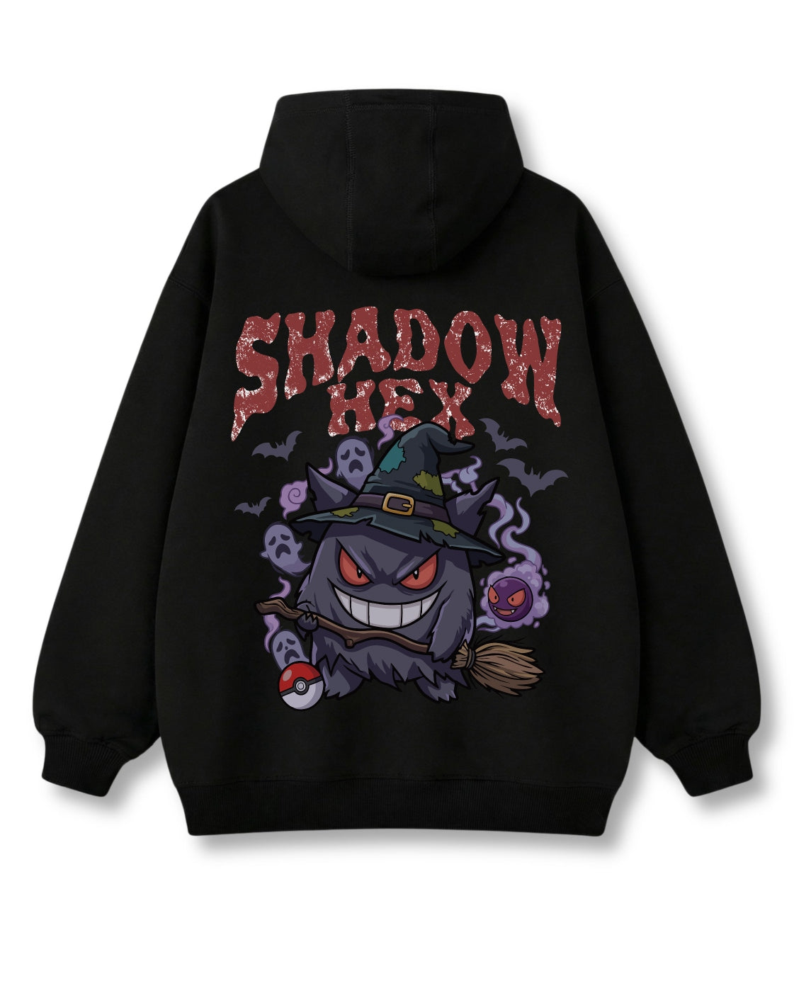 Shadow Hex oversized hoodie in black – grinning witch-hat ghost on a broom