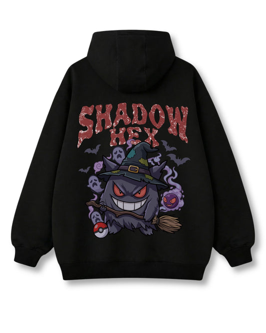 Shadow Hex oversized hoodie in black – grinning witch-hat ghost on a broom