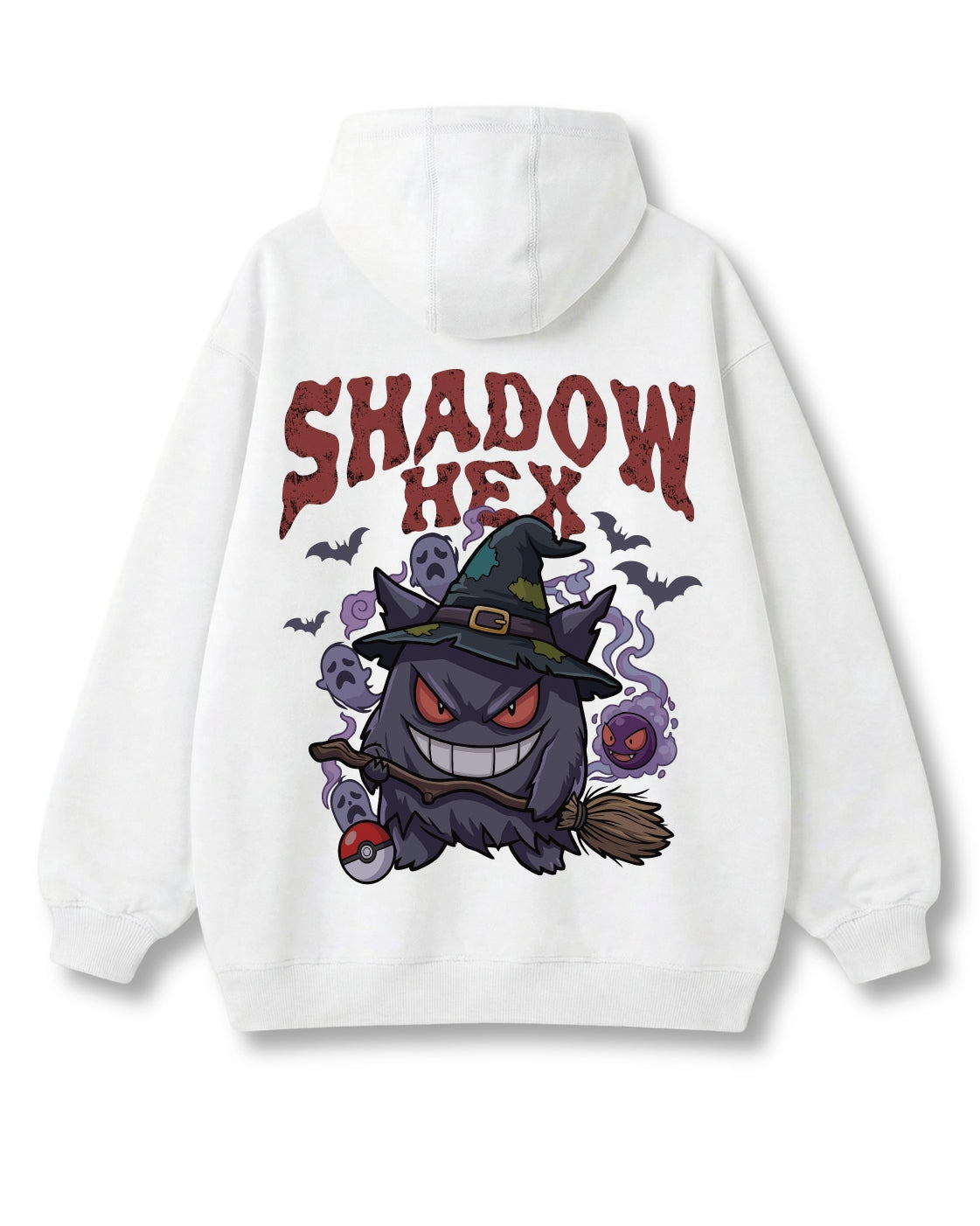 Shadow Hex oversized hoodie in white – grinning witch-hat ghost on a broom