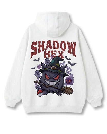 Shadow Hex oversized hoodie in white – grinning witch-hat ghost on a broom