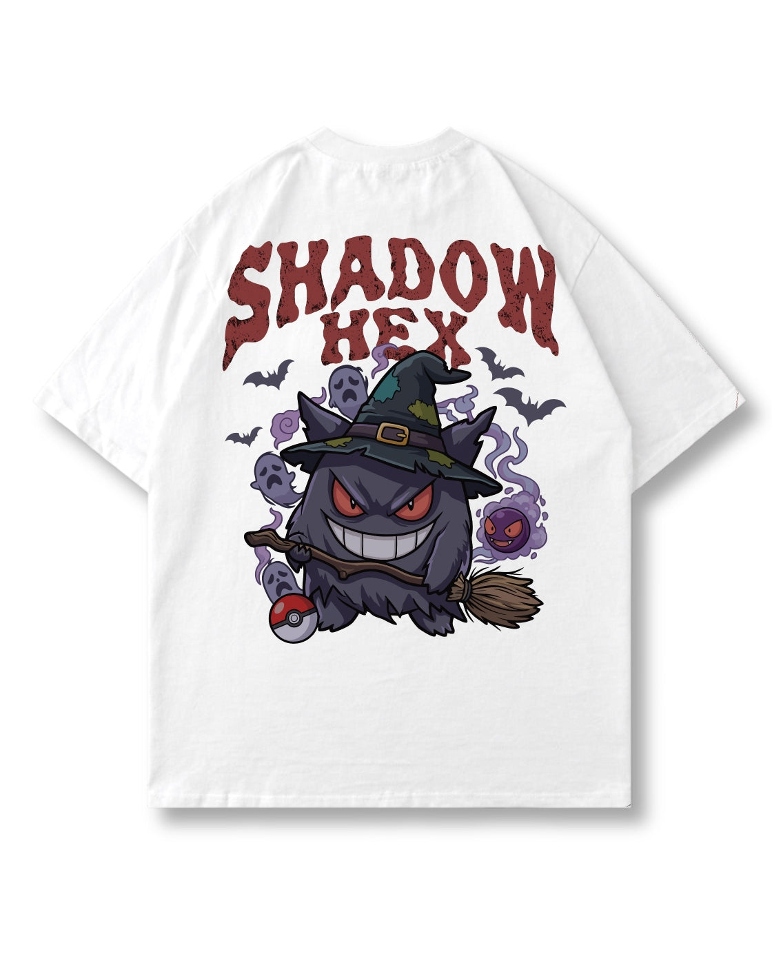 Shadow Hex oversized shirt in white – grinning witch-hat ghost on a broom