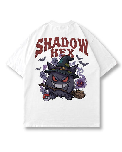 Shadow Hex oversized shirt in white – grinning witch-hat ghost on a broom