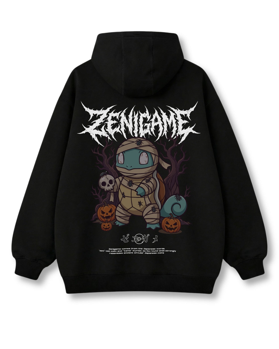 Mummy Shell oversized hoodie in black – bandaged mummy, skulls & pumpkins print