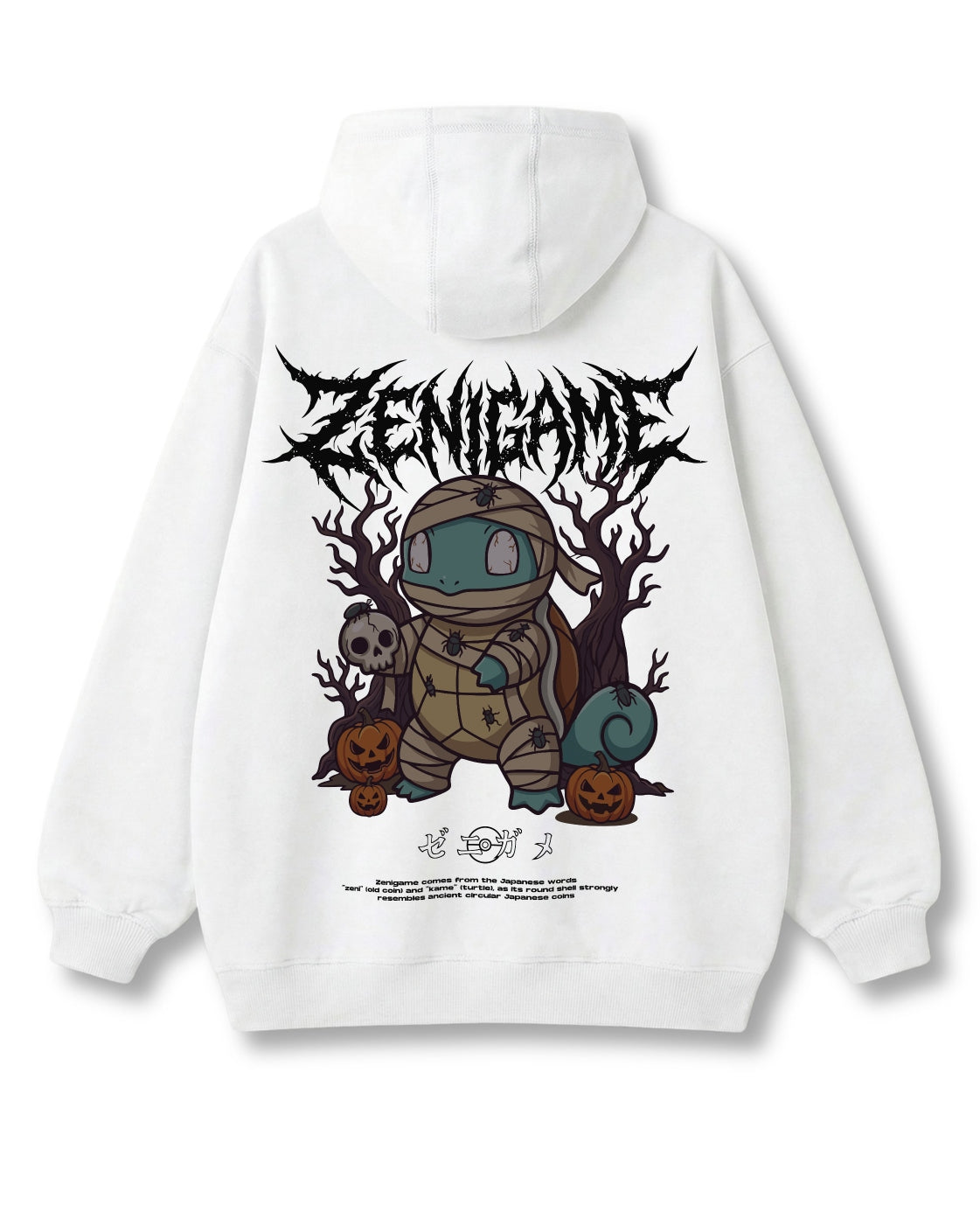 Mummy Shell oversized hoodie in white – bandaged mummy, skulls & pumpkins print