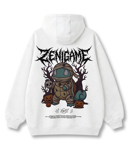 Mummy Shell oversized hoodie in white – bandaged mummy, skulls & pumpkins print