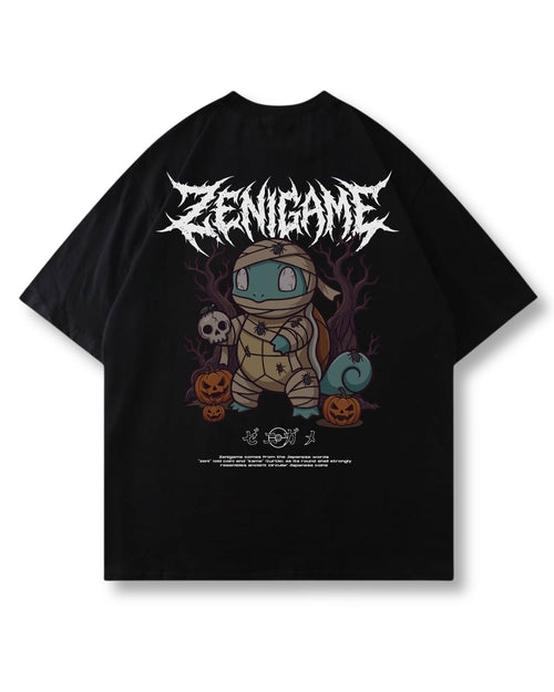 Mummy Shell oversized shirt in black – bandaged mummy, skulls & pumpkins print