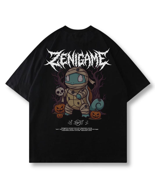 Mummy Shell oversized shirt in black – bandaged mummy, skulls & pumpkins print