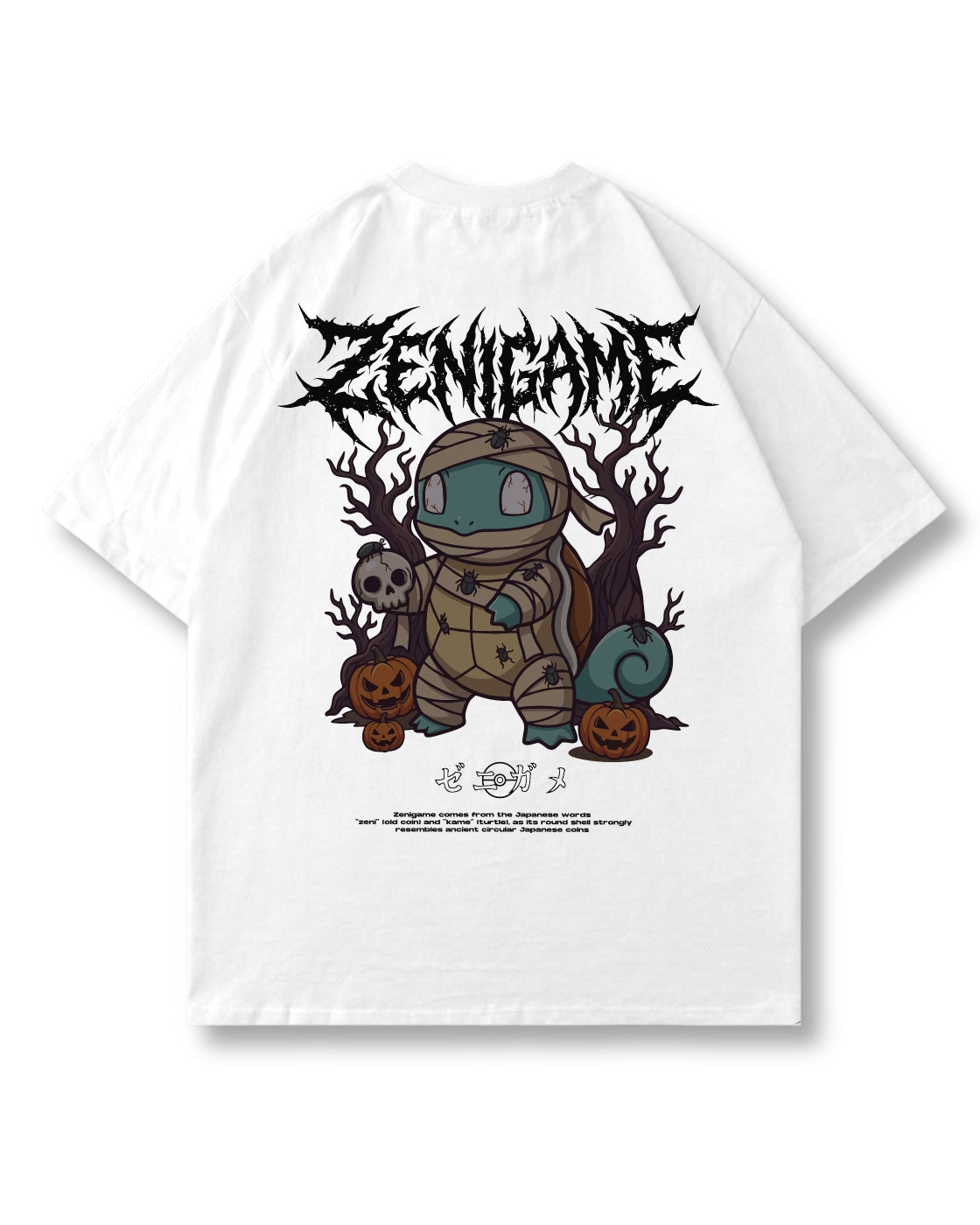 Mummy Shell oversized shirt in white – bandaged mummy, skulls & pumpkins print