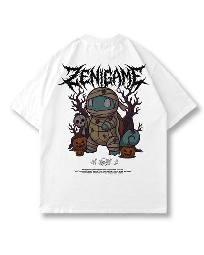 Mummy Shell oversized shirt in white – bandaged mummy, skulls & pumpkins print