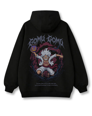 Pumpkin King oversized hoodie in black – laughing figure crowned by jack-o'-lanterns
