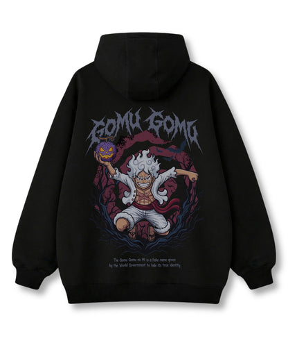 Pumpkin King oversized hoodie in black – laughing figure crowned by jack-o'-lanterns