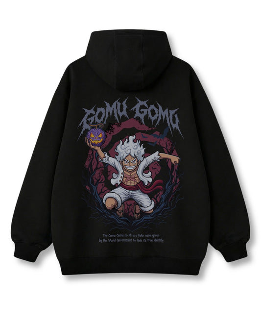 Pumpkin King oversized hoodie in black – laughing figure crowned by jack-o'-lanterns