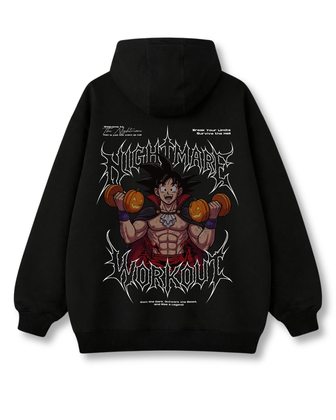 Nightmare Workout oversized hoodie in black – pumpkin-dumbbell gym print, metal style
