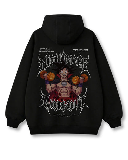 Nightmare Workout oversized hoodie in black – pumpkin-dumbbell gym print, metal style