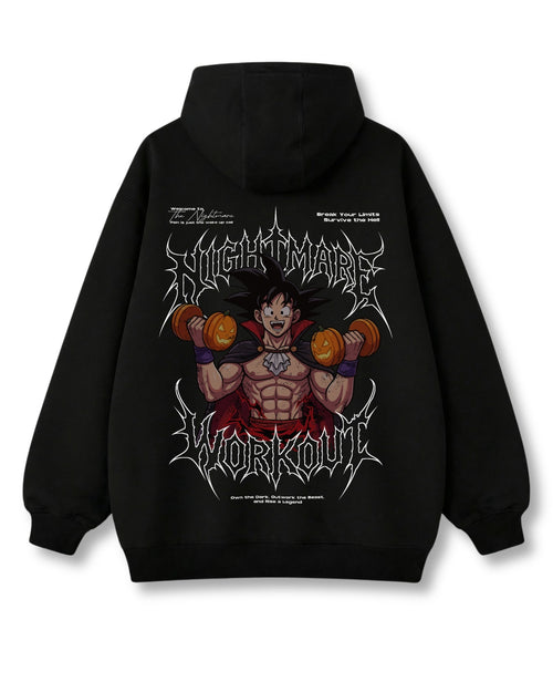 Nightmare Workout oversized hoodie in black – pumpkin-dumbbell gym print, metal style