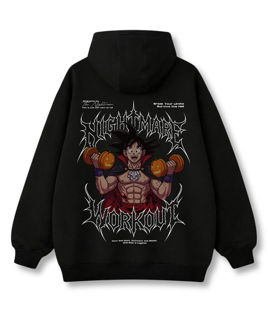 Nightmare Workout oversized hoodie in black – pumpkin-dumbbell gym print, metal style