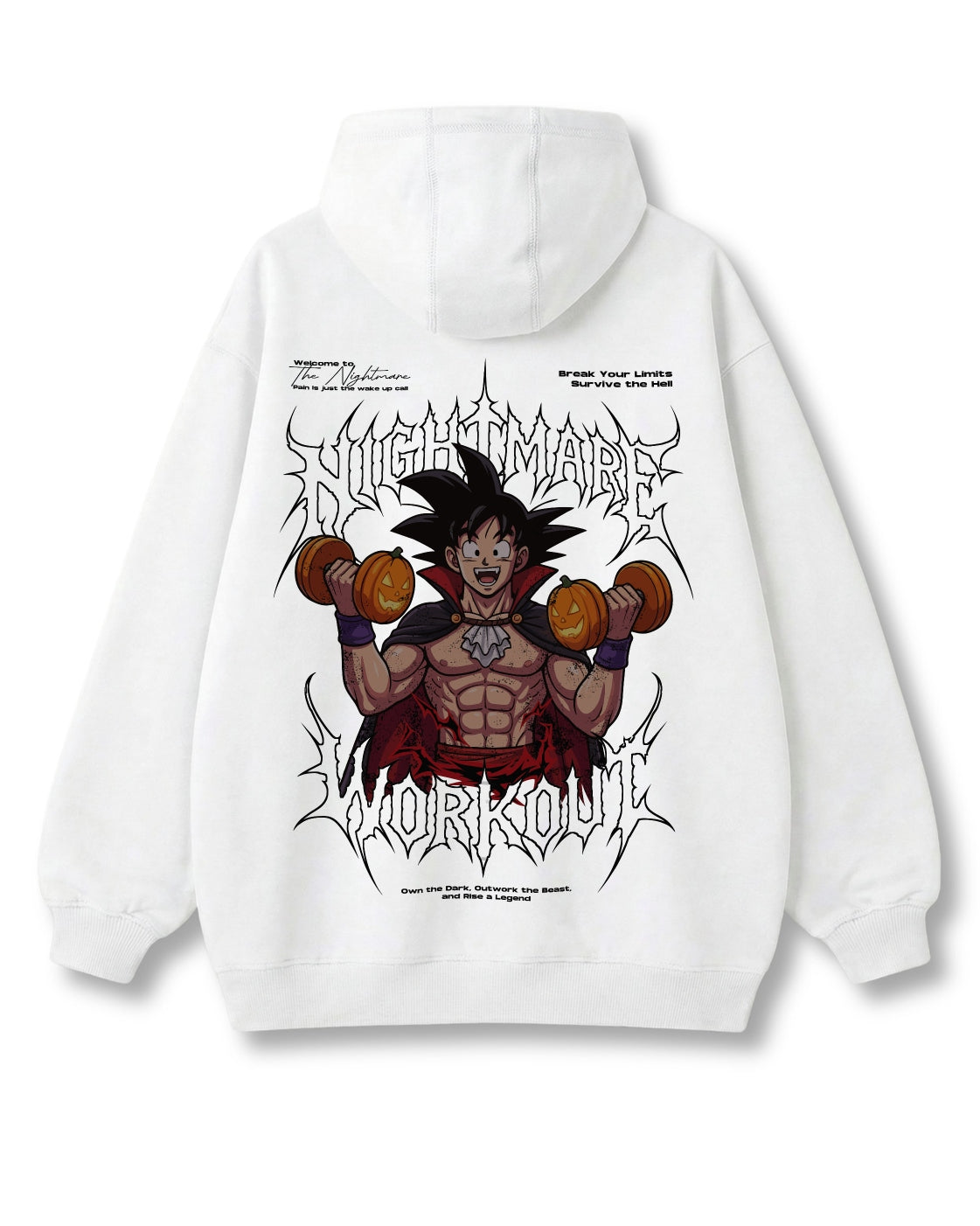 Nightmare Workout oversized hoodie in white – pumpkin-dumbbell gym print, metal style