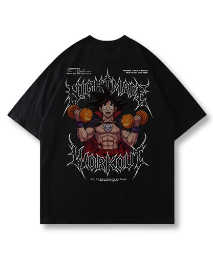 Nightmare Workout oversized shirt in black – pumpkin-dumbbell gym print, metal style