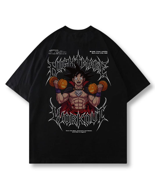 Nightmare Workout oversized shirt in black – pumpkin-dumbbell gym print, metal style