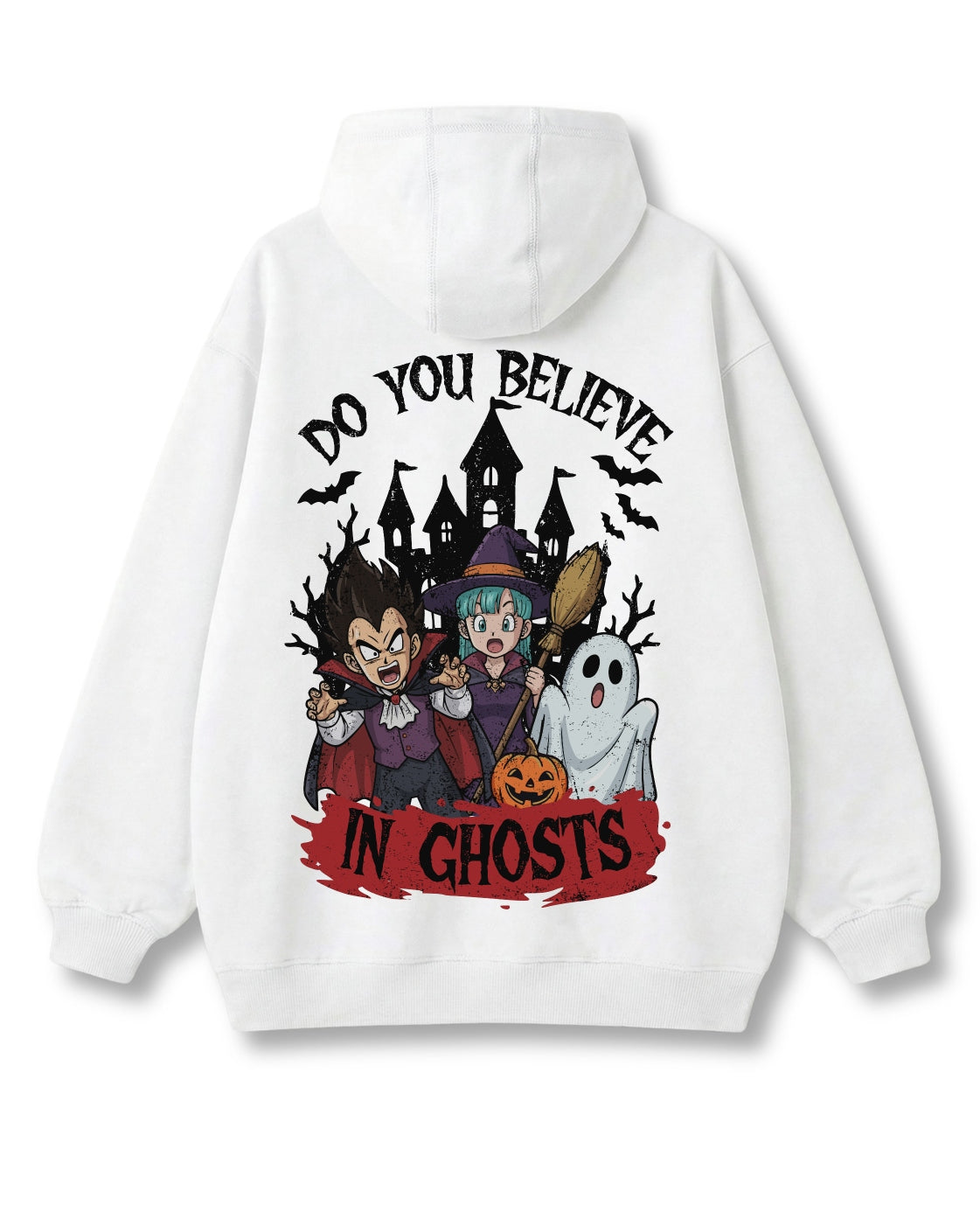 Believe in Ghosts oversized hoodie in white – haunted castle & ghost back print