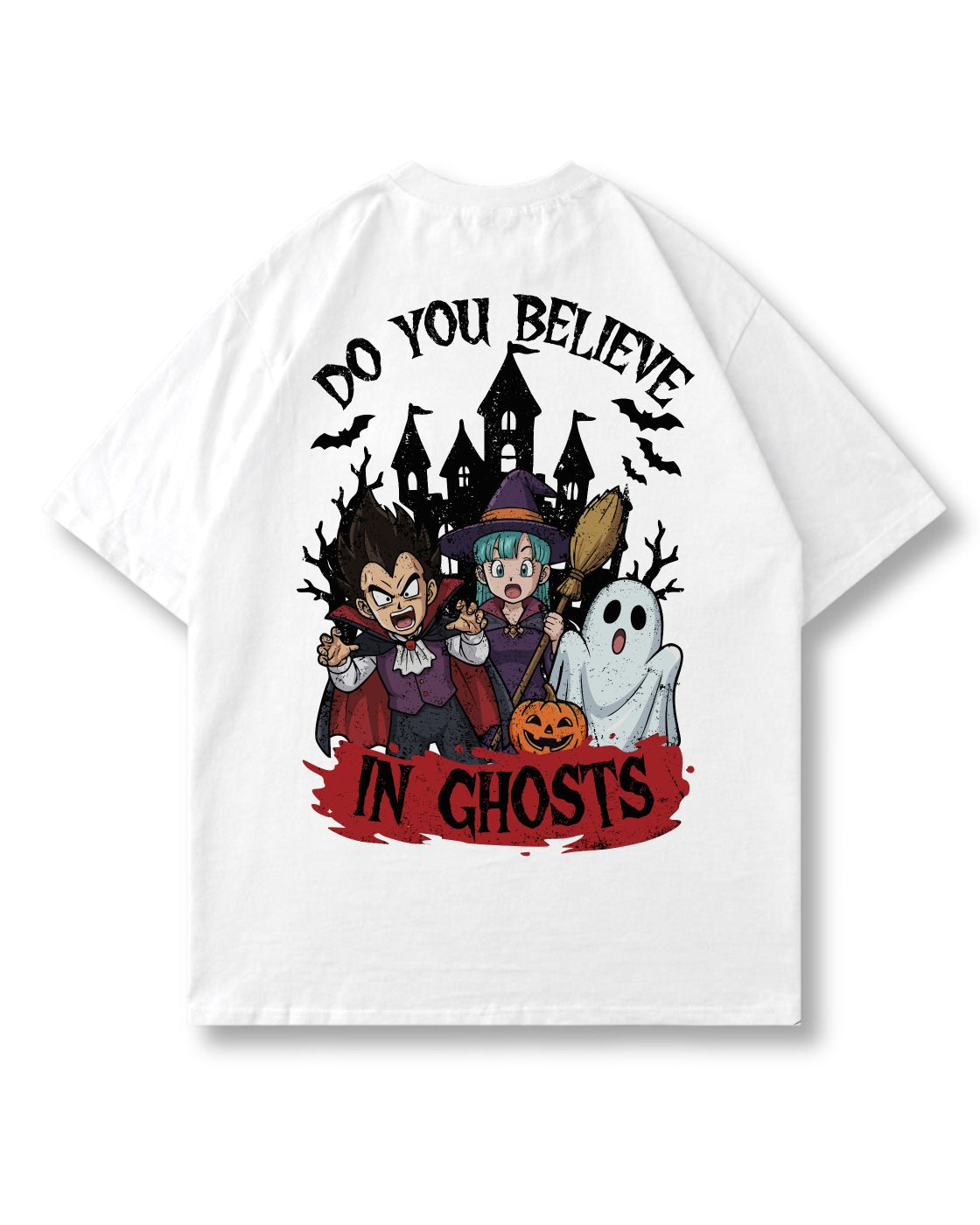 Believe in Ghosts oversized shirt in white – haunted castle & ghost back print