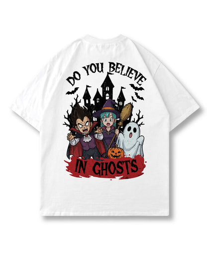 Believe in Ghosts oversized shirt in white – haunted castle & ghost back print