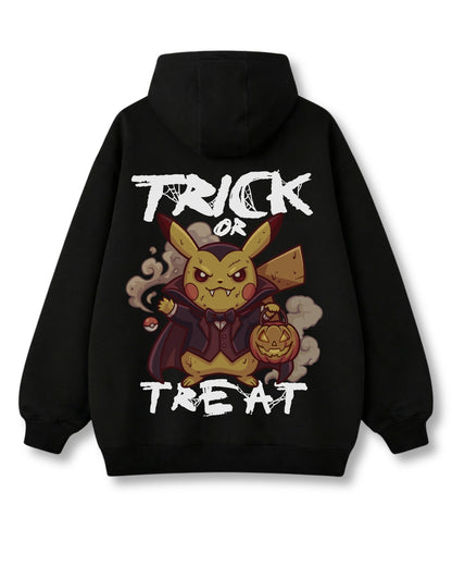 Trick or Threat oversized hoodie in black – tiny caped vampire with a pumpkin basket