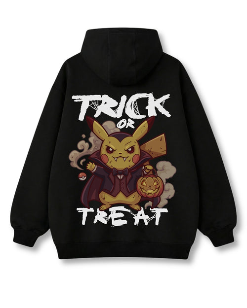 Trick or Threat oversized hoodie in black – tiny caped vampire with a pumpkin basket