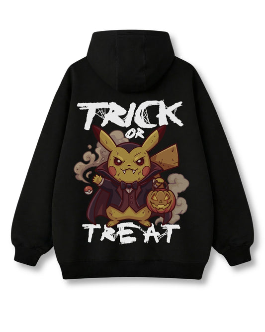 Trick or Threat oversized hoodie in black – tiny caped vampire with a pumpkin basket
