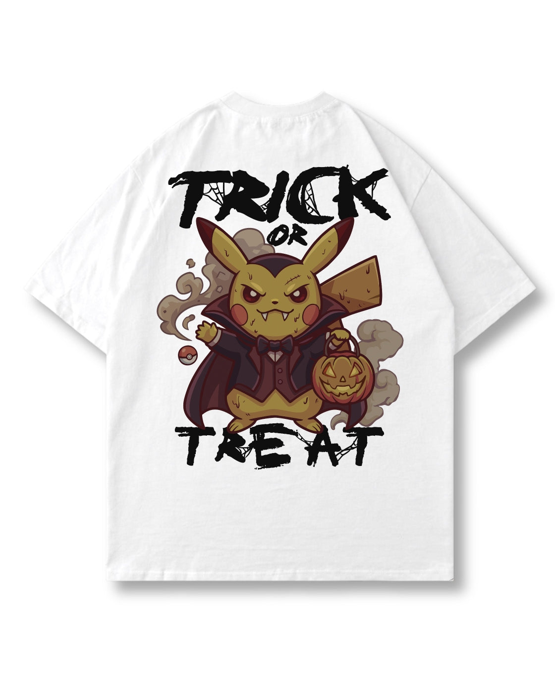 Trick or Threat oversized shirt in white – tiny caped vampire with a pumpkin basket