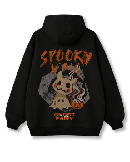 Spooky Vibes oversized hoodie in black – cute costumed ghost with a candy bucket
