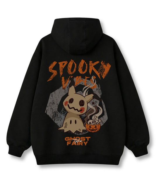 Spooky Vibes oversized hoodie in black – cute costumed ghost with a candy bucket