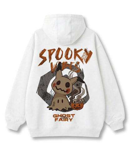 Spooky Vibes oversized hoodie in white – cute costumed ghost with a candy bucket