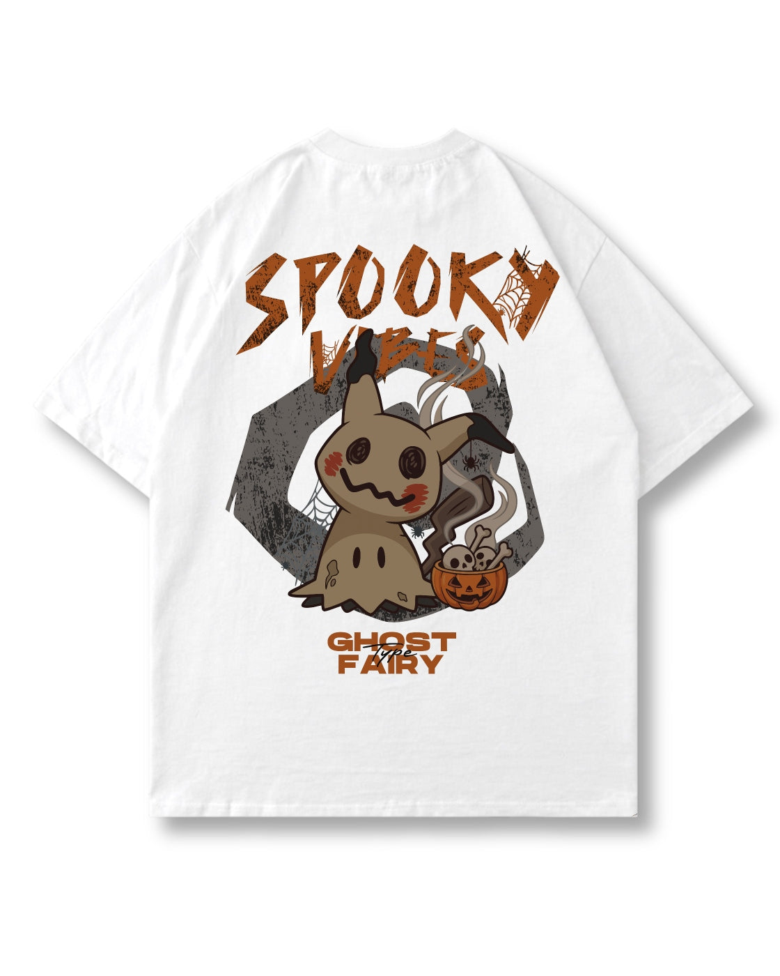Spooky Vibes oversized shirt in white – cute costumed ghost with a candy bucket