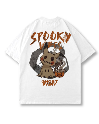 Spooky Vibes oversized shirt in white – cute costumed ghost with a candy bucket